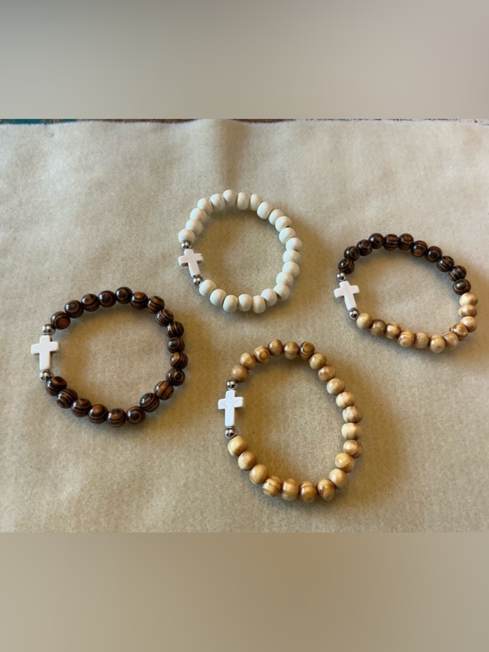 Beaded Cross Stretch Bracelet - Natural Brown, Tan, White